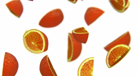 Lobules of orange falling on white background, alpha matte, CG Stock Footage 65026993