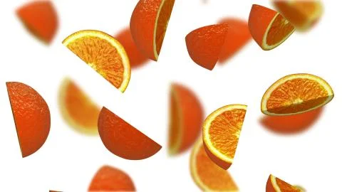 Lobules of orange falling on white background, 3d illustration Stock Illustration