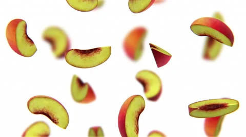 Lobules of peach falling on white background, alpha matte, CG Stock Footage 65027046