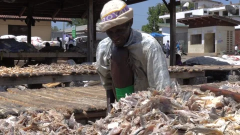 A local African man cutting fish with a machete in Mwanza, Tanzania Stock Footage 310930304