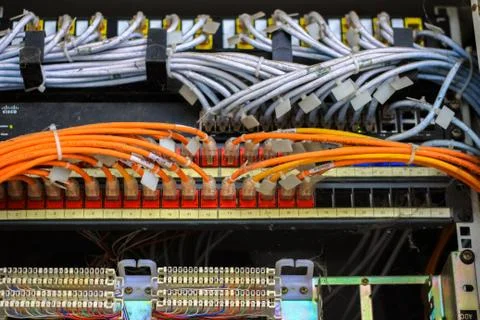 Local area network circuit box with multiple LAN RJ-45 cable relay connectors Stock Photos