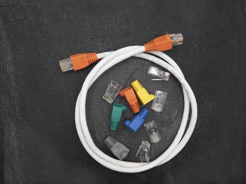Local area network or LAN cable protector boots , RJ45 connectors and compl.. Stock Photos