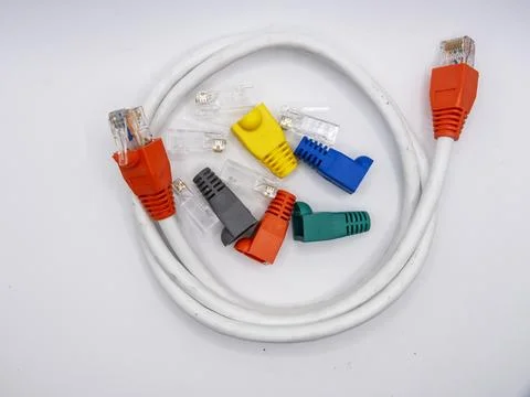 Local area network or LAN cable protector boots , RJ45 connectors and compl.. Stock Photos