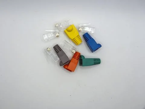 Local area network or LAN cable protector boots , RJ45 connectors on white .. Stock Photos