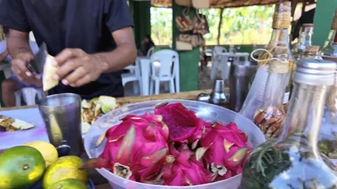 Local Cachaça and Infused Spirits Display at Mandacaru Riverside Bar in Stock Footage 343452969