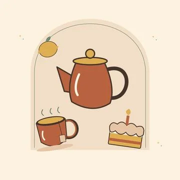 Local cafe tea and lemon cake illustration. Decorative flat vector compositio Stock Illustration