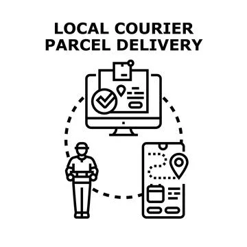 Local courier delivering parcel using online tracking app Illustrazione stock