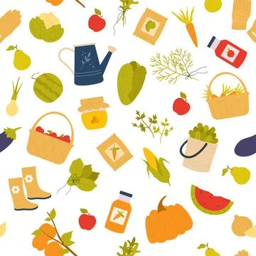 Local Farm Harvest Seamless Pattern Vector Stock Illustration