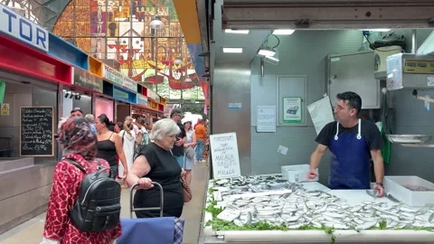 Local fishmonger in Spain, Mercado de Atarazanas in Malaga. Video stock 338271045