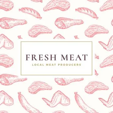 Local Fresh Meat Vector Label or Seamless Background Pattern. Hand Drawn Steak Illustrazione stock