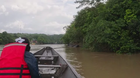 Local Guide Navigating River with Vibrant Red Life Vest Video stock 336521014