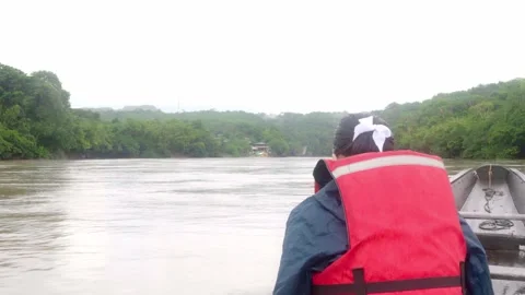 Local Guide in Red Life Jacket on Rainy Guaviare River Video stock 336521008