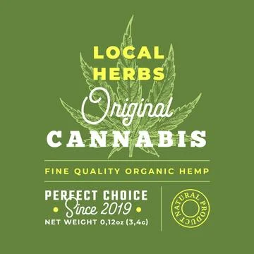 Local Herbs Cannabis Abstract Vector Design Label. Modern Typography and Hand 스톡 일러스트