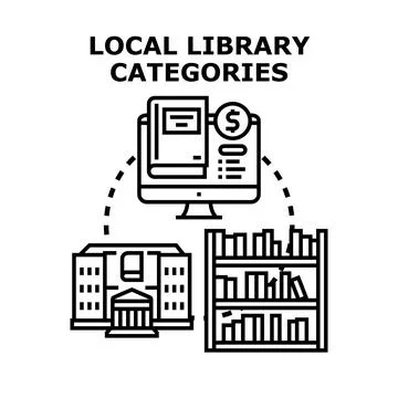 Local library categories, accessing academic knowledge and digital resources Stock Illustration