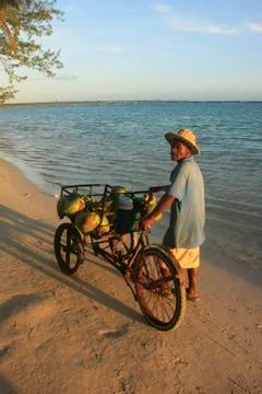 Local man selling coconuts at boca chica beach Stock Photos
