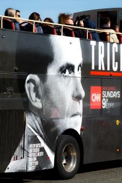 Local metro bus with advertisement for Richard Nixon TV program Stock Photos