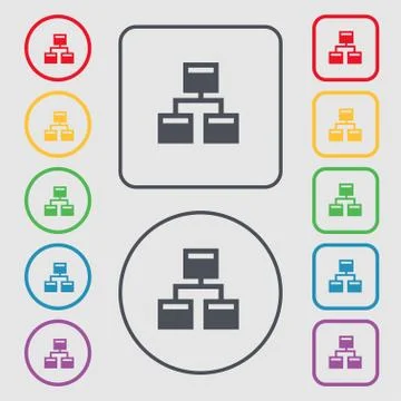 Local Network icon sign. symbol on the Round and square buttons with frame. Stock Illustration