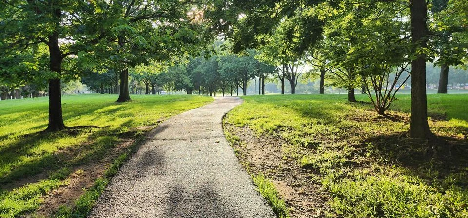 Local park and pathway during the sunset Stock Photos