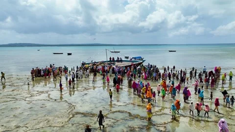 Local People Gathering Around a Stranded Fishing Boat at Low Tide, January 21, Video stock 336871743