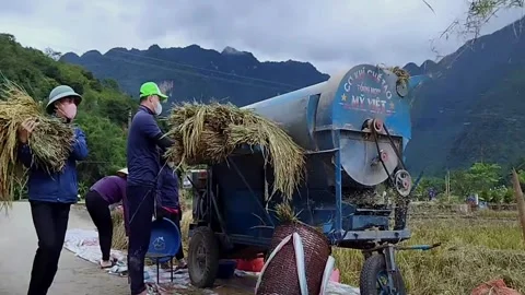 Local People Use Threshing Machine in Mai Chau Stock Footage 340614129