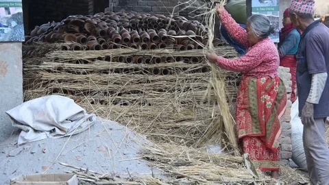 Local Potters Preparing Stacking Dried Clay Pottery Firing Bhaktapur Nepal Stock Footage 80708021