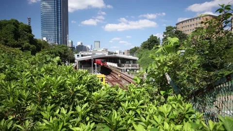 Local red train arrives at the station in Tokyo Japan. Stock Footage 220097538