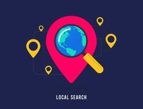 Local search optimization concept. Map with Red Pins and Magnifier Searching Stock Illustration