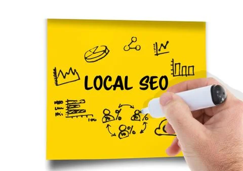 Local Seo graphic on a post-it. Hand with pen drawing it. Foto stock
