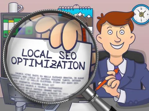 Local SEO Optimization through Magnifying Glass. Doodle Style Stock Illustration