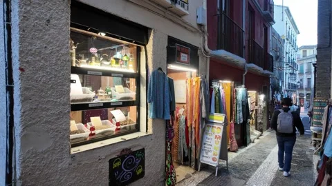 Local shops on a side street, Granada, Spain Video stock 296127028