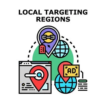 Local targeting regions concept with digital advertising map pins Stock Illustration