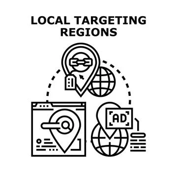 Local targeting regions concept with digital advertising map pins Stock Illustration