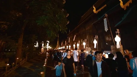 Local thais walking at temple during loi krathong Stock Footage 70358156