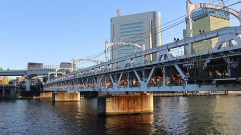  Local train crossing the Sumida River on a metal bridge in Tokyo Stock Footage 328355322