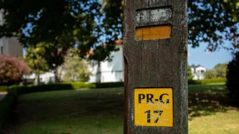 Local walking route marker post PR G 17 in Cambre coruna Spain Stock Photos