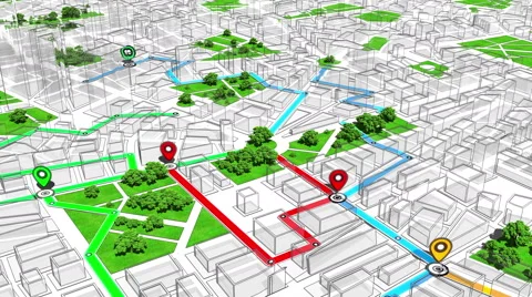 Localization, GPS Navigation, Path Finding in the city. Routing. Stock Footage 58932682