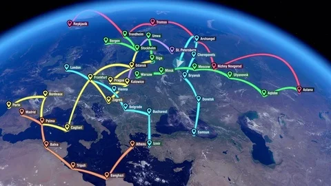 Localization, GPS Navigation, Traveling, Pathfinding over the Europe. Stock Footage 81802745