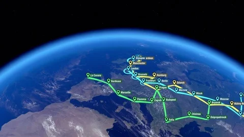 Localization, GPS Navigation, Traveling, Pathfinding over Europe and Asia Stock Footage 81825324