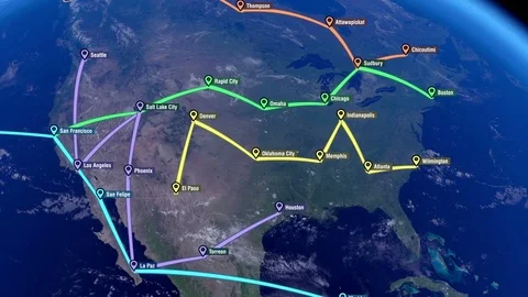 Localization, GPS Navigation, Traveling, Pathfinding over North America Stock Footage 81857980