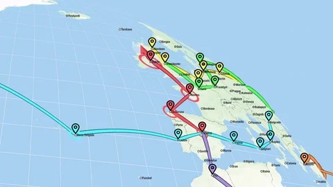 Localization, GPS Navigation, Traveling, Pathfinding all over the World Map. Vídeo Stock 82038034