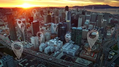 Localization icons in a connected futuristic city. San Francisco skyline. Stock Footage