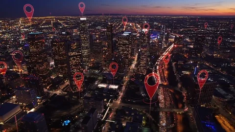 Localization icons in a connected futuristic city. Aerial smart highway. Stock Footage