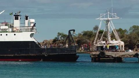 Locals embarking small ferry on the Mayreau island,St Vincent and the Grenadines Stock Footage 85166783