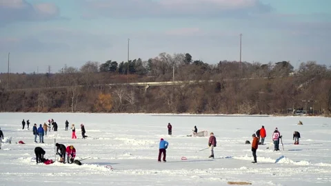 Locals Ice Skating & Playing Pond Hockey During The Canada COVID-19 Pandemic Stock Footage