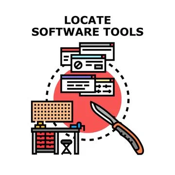 Locating and analyzing software tools concept illustration Illustrazione stock
