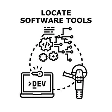 Locating software development tools and programming solutions concept 库存插图