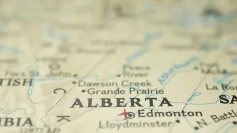 Location Alberta in Canada, map with red push pin pointing close-up, North Stock Footage 160540298