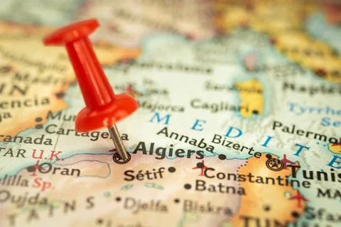 Location Algiers in Algeria, map with push pin close-up, travel and journey c Stock Photos