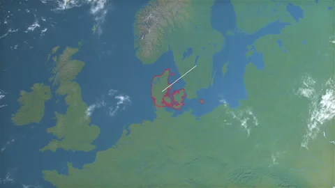 Location and map of Denmark on the surface of the earth at day. Stock Footage 328687404