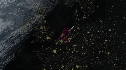 Location and map of Netherlands at night-time. Stock Footage 327427737